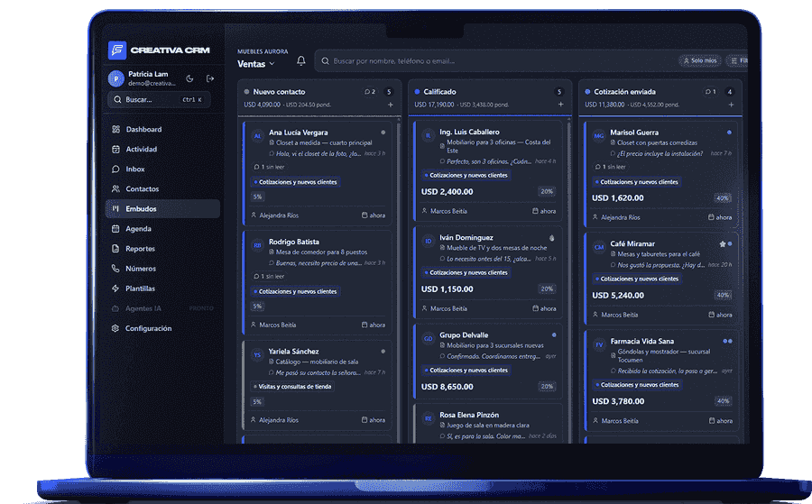 Creativa CRM abierto en un portátil, con el embudo de ventas dividido en columnas y las conversaciones de cada cliente a la vista.